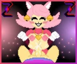 bells blush breasts cat_ears catgirl cum cum_between_breasts cum_on_breasts female frisk frisk_(undertale) green_eyes heart_necklace mad_mew_mew mew_mew_(undertale) mew_mew_kissy_cutie paizuri pink_hair pixel_art self_upload undertale undertale_(series) zixy