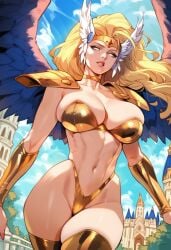 2d ai_generated angel angel_wings bikini_armor blonde_hair chaos_comics female female_focus female_only gold_bikini hellblueboy4 large_breasts long_hair no_pupils solo solo_female solo_focus tagme vandala_(chaos_comics) white_eyes wings wings_on_head
