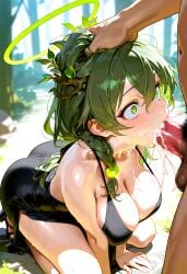 ai_generated clothing cum_in_mouth deepthroat dryad halo head_grab highres large_breasts original_character