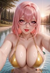 2025 ai_generated bangs bare_shoulders bikini blush breasts cleavage collarbone earrings female female female_focus glasses hair_between_eyes hoyoverse jewelry large_breasts lips long_hair looking_at_viewer mihoyo navel nsfw outdoors palm_tree parted_lips partially_submerged pink_eyes pink_hair red_lips rognezart semi-rimless_eyewear shiny shiny_clothes shiny_skin sky smile solo swimsuit tree tsukishiro_yanagi water wet yellow_bikini zenless_zone_zero
