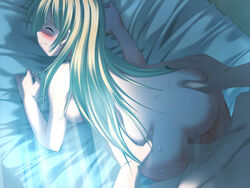 1boy 1girl antenna_hair ass bed blonde_hair blush breasts censored cum cum_in_pussy from_behind game_cg hands_on_own_hips hetero kimchii kusunoki_aoi long_hair nude sakura_no_sakukoro sex sex_from_behind shouna_mitsuishi sideboob vaginal yellow_eyes