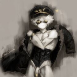 1boy abs artist_name artist_signature clothing digital_media_(artwork) digital_painting_(artwork) flaccid flaccid_penis glitch_productions grey_background handsome handsome_man hat heart jacket male_only murder_drones muscles muscular muscular_male n_(murder_drones) nude nude_male pecs penis robot robot_boy robot_humanoid silver_hair solo solo_male undressing yellow_eyes yellow_penis_tip