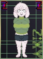 aged_up anthro_focus arms_behind_back asriel_dreemurr big_breasts breasts pixel_art rule_63 self_upload shirt shorts undertale undertale_(series) zixy