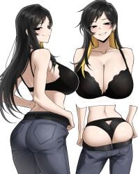 1girls ass ass_focus beauty_mark big_ass big_breasts big_butt binah black_bra black_eyes black_hair black_panties blush bra breasts ear_piercing female female_focus female_only huge_breasts jeans library_of_ruina long_hair looking_at_viewer mole mole_under_eye panties project_moon simple_background smile solo solo_female solo_focus topless two_tone_hair vvernerluniq white_background yellow_hair
