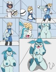 anthro blonde_hair blue_bottomwear blue_clothing blue_nipples blue_pants blue_shirt blue_topwear blush bottomwear bouncing_breasts breast_grab breasts clothing duo eeveelution female female/female finger_fuck fingering gender_transformation generation_4_pokemon genitals glaceon grey_hair hair hand_on_breast hat headgear headwear hi_res human human_on_anthro interspecies lying male male/female mammal mtf_transformation narrowed_eyes nintendo nipples pants pokeball pokemon pokemon_(species) shirt slime solo splash tongue topwear transformation uplift_(artist) vaginal_penetration white_clothing