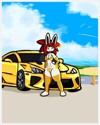 anthro armwear beach bikini car clothing cloud female genitals gold_bikini golden_week heart_symbol hi_res jaed lagomorph legwear leporid lexus_(car) mammal one_eye_closed pecan_(jaed) pussy pussy_floss rabbit sea shaded simple_shading solo swimwear thick_thighs thigh_highs tongue tongue_out two-piece_swimsuit vehicle water wink