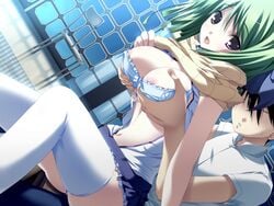 both_genders breast_grab game_cg green_hair hare_hare_harem hinata_momo nonomura_kasumi open_mouth oppai sex_from_behind tagme thighhighs