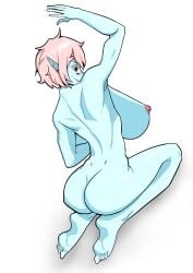 1girls arm_up behind_view big_ass blue_body blue_skin choker cobblestun elf_ears eyebags eyeshadow feet female freckles from_behind kneeling large_breasts messy_hair nude original pale_skin pink_hair red_eyes sharp_teeth short_hair vampire vampire_girl
