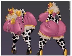 abstract_background absurd_res alien animal_print animal_print_bikini armor ass big_breasts big_butt bikini bodily_fluids breast_grab breasts butt_grab clothing cow_costume cow_print cow_print_bikini cowbell curvy_figure female footwear gold_(metal) gold_jewelry grabbing_own_breast hand_on_breast hand_on_butt hand_on_own_butt headgear helmet hi_res high_heels huge_breasts huge_butt humanoid jewelry pattern_bikini pattern_clothing pattern_swimwear shoes solo sweat swimwear two-piece_swimsuit viola_bat voluptuous