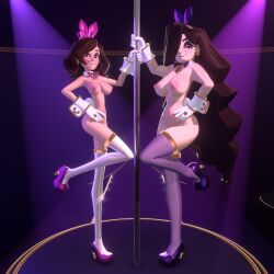 2girls 3d blue_eyes bowtie bowtie_collar breasts brown_hair earrings eyeshadow fake_rabbit_ears female gloves hat high_heels original_characters purple_eyes stripper stripper_pole thighhighs thousandarms