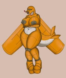 aeromorph aircraft airplane anthro areola back_wings barbell_piercing belly big_areola big_breasts breasts cockpit digital_media_(artwork) female fin genitals hand_on_breast hi_res living_aircraft living_machine living_vehicle machine merusartz metallic_body navel nipple_piercing nipples non-mammal_breasts non-mammal_navel non-mammal_nipples not_furry nude nude_anthro nude_female orange_body piercing propeller simple_background smile solo tail tail_fin thick_thighs vehicle vulva white_body wide_hips wings