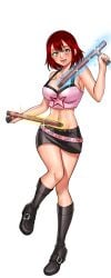 :d bare_shoulders belt belt_buckle black_footwear black_skirt blush boots breasts camisole cg cleavage crop_top elva_(hentai_heroes) female full_body hair_between_eyes heart_necklace hentai_heroes holding instrument jewelry kinkoid knee_boots large_breasts looking_at_viewer midriff miniskirt navel necklace official_art open_mouth parody pencil_skirt red_hair resha_valentine shiny_skin short_hair skirt sleeveless smile solo spaghetti_strap standing standing_on_one_leg stomach yellow_eyes
