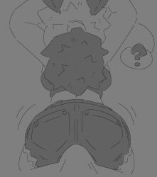 anthro arthropod black_and_white bottomwear bulge clothing denim denim_bottomwear denim_clothing denim_shorts duo erection erection_under_clothing female grinding hi_res insects lepidopteran male male/female monochrome moth motion_lines oblivious question_mark raewtf shirt shorts speech_bubble tank_top topwear