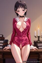 1girls 2025 ai_generated areola_slip bangs black_eyes black_hair blunt_bangs blush book book_stack bottomless breasts brown_eyes buttons candle candlestand cleft_of_venus closed_mouth collar collarbone desk erect_nipples eroflow female_pubic_hair genitals hair_ornament hi_res highres kirigaya_suguha large_breasts long_sleeves looking_at_viewer nipples no_bra open_clothes open_shirt partially_unbuttoned patreon pubic_hair pussy pussy_juice shirt short_hair solo sword_art_online sword_art_online_alicization tight_pussy vagina voluptuous voluptuous_female