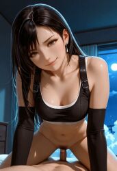 1boy 1boy1girl 1girls ai_generated bedroom black_hair bottomless breasts brown_hair cleavage cowgirl_position female female_focus final_fantasy final_fantasy_vii final_fantasy_vii_remake gloves grinding grinding_on_penis imminent_penetration imminent_sex leather long_hair male moon night no no_panties nude_male partially_clothed penis penis_out pussy smile sports_bra straddling tifa_lockhart window