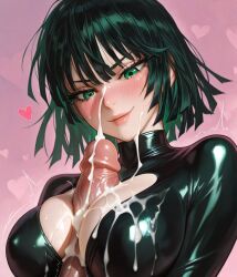 ai_generated bangs black_clothing black_dress blush cum cum_on_breasts cumshot cumshot_on_chest cumshot_on_face fubuki_(one-punch_man) glossy_lips green_eyes green_hair hearts_around_head large_breasts latex_clothing looking_at_penis nipple_bulge one-punch_man paizuri paizuri_lead_by_female penis plopendil short_hair smile thin_eyebrows