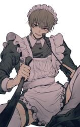 apron brown_hair crossdressing empty_eyes fully_clothed g0nyag gintama looking_at_viewer maid maid_headdress maid_uniform male male_only manly_crossdresser okita_sougo red_eyes riding_crop smile solo thigh_strap thighhighs whip white_legwear white_thighhighs