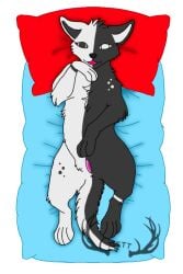 2:3 alpha_channel bedding black_body black_fur blanket domestic_cat felid feline felis female feral feral_only fluffy fluffy_chest fur heterochromia mammal mettdesign_(artist) open_mouth paws pillow revealing_pussy solo white_body white_fur