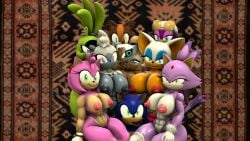 1boy 3d 3d_(artwork) 8girls amy_rose anthro areolae avian big_breasts blaze_the_cat blue_eyes blue_fur breasts brown_fur canine eulipotyphlan feline female female_focus green_eyes green_fur grey-yordle grey_fur kabalmystic_(style) male nipples nude nude_female pink_fur primate purple_eyes purple_fur rouge_the_bat sonic_(series) sticks_the_badger surge_the_tenrec tangle_the_lemur topless unenthusiastic wave_the_swallow whisper_the_wolf yellow_eyes