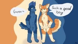 absurd_res abys_171 anthro blue_body blue_eyes blue_fur canid canine duo felid fur genitals green_eyes hi_res male male/male mammal nude nude_anthro orange_body orange_fur penis speech_bubble
