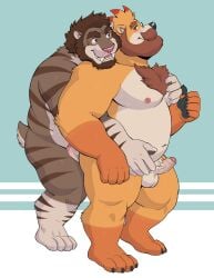 2019 adios anthro balls bear beard blush body_hair chest_hair duo eyewear facial_hair fangs felid genitals glasses grabbing_pec hi_res hot_dogging humanoid_genitalia humanoid_penis looking_at_another male male/male mammal muscular muscular_anthro muscular_male overweight overweight_anthro overweight_male pawpads penis prehistoric_species rich_(frozenbeaw) roantiger saber-toothed_tiger sex standing teeth