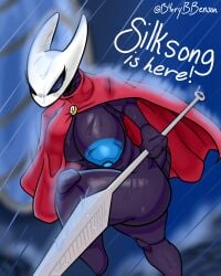 2025 2_horns absurd_res anthro arthropod ass b4rrybbenson barrybensonberry big_breasts big_butt black_body black_eyes blue_nipples breasts cloak cloak_only clothing colored digital_drawing_(artwork) digital_media_(artwork) dripping_wet english_text female hi_res holding_object holding_weapon hollow_knight:_silksong hollow_knight_(franchise) horn hornet hornet_(hollow_knight) humanoid hymenopteran insects jumping large_weapon mask mask_on_head mouthless nipples raining red_clothing shaded signature simple_background solo tail team_cherry text thick_thighs vespid wasp weapon wide_hips