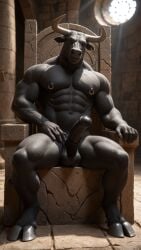 1boy 1male ai_generated anthro bara big_cock big_dick big_muscles big_penis black_fur bull_horns bull_humanoid horsecock huge_balls huge_cock male male_only minotaur minotaur_male monster_cock mythology penis piercings scars seated throne throne_room