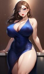 big_breast blue_eyes brown_hair cocktail_dress erect_nipples_under_clothes eyebrows eyelashes eyeliner eyeshadow hoop_earrings long_hair red_lips shiny_skin violet_lu_(character)