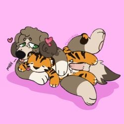 anthro anthro_focus bodily_fluids canid canine canis cum domestic_dog duo felid feral fluffybird139 fur genital_fluids genitals hi_res male mammal pantherine penis plushie plushification solo tiger