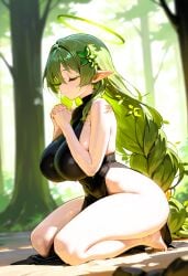 ai_generated clothing dryad halo highres kneeling large_ass large_breasts original_character praying thick_thighs