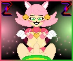 1boy 1girls balls bells big_breasts blush breasts cat_ears catgirl chara chara_(undertale) green_eyes heart_necklace lactating lactating_nipples lactation mad_mew_mew mew_mew_(undertale) mew_mew_kissy_cutie milk_squirt paizuri penis pink_hair pixel_art self_upload undertale undertale_(series) zixy