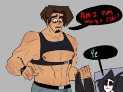 abs bonezbonez_ breasts brown_eyes brown_hair crop_top exposed_breasts exposed_pecs exposed_torso facial_hair far_fetched far_fetched_show gay glasses goatee hair hairy himbo jeans leather leather_clothing male male_only moobs muscles muscular muscular_arms muscular_legs muscular_male pecs pectorals quinn_huckley shirtless tight_clothing warren_webber warren_webber_(far_fetched) yaoi