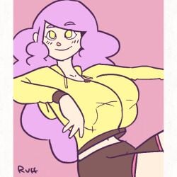 1girls belly_button big_breasts blue_bra blush blush_lines bobbi_(ruffsketches) breasts breasts_bigger_than_head breasts_out breasts_out_of_clothes cleavage cleavage_overflow clothes_removed curly_hair cute embarrassed female female_focus female_only golden_eyes hoodie inconvenient_breasts light-skinned_female light_skin oc orginal_character pink_hair purple_hair ruffsketches_(artist) shorts small_waist solo tight_clothing tight_fit top_heavy unzipping wardrobe_malfunction yellow_clothing yellow_eyes