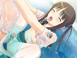 1boy 1girls after_sex blush censored fault!! female game_cg male nopan penis pettanko pool public_sex school_uniform sex spread_legs straight sugiyama_mio taka_tony thighhighs tied_hair twintails