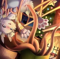 2021 ame_kitsune anthro bodily_fluids christmas christmas_tree cum cum_in_pussy cum_inside detailed_background duo felid feline female fire fireplace fur furnace genital_fluids hi_res holidays kemono mammal open_mouth open_smile paws plant santa_claus sex silhouette smile tentacle tentacle_creature tentacle_sex tree white_body white_fur window