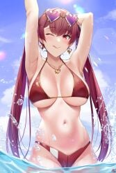 1girls arms_up big_breasts bikini cowboy_shot earrings female female_only hand_behind_head hololive hololive_fantasy hololive_japan houshou_marine light-skinned_female light_skin long_hair long_twintails necklace okitakung one_eye_closed outdoors red_hair solo standing sunglasses sunglasses_on_head twintails twitter_link virtual_youtuber water watermark