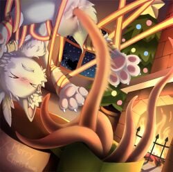 2021 ame_kitsune anthro christmas christmas_tree clenched_teeth detailed_background duo felid feline female fire fireplace fur furnace hi_res holidays kemono mammal paws plant santa_claus sex silhouette teeth tentacle tentacle_creature tentacle_sex tree white_body white_fur window