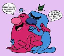 absurd_res anal anal_sex annoyed anus balls bent_legs big_nose blue_body blue_clothing blue_hat blue_headwear bob-jiggles clothing comedic dialogue dot_eyes duo english_text erection eyebrows floating_hat genitals grabbing_body green_clothing green_hat green_headwear hat hatching_(art) headgear headwear hi_res holding_person humor legs_up lying magenta_body male male/male mr._grumpy mr._men_and_little_miss mr._scatterbrain non-human non-human_only on_side open_mouth penetration penis purple_background sex shaded silly simple_background simple_eyes speech_bubble spread_legs spreading text the_mr._men_show thick_eyebrows thin_eyebrows tongue toony waddling_head