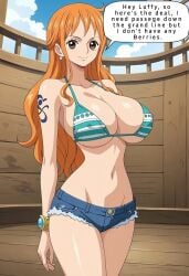 ai_generated big_breasts bikini_top curvy curvy_female curvy_figure nami_(one_piece) one_piece orange_hair shorts text text_bubble thick_thighs