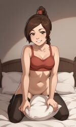 ai_generated ass avatar_legends avatar_the_last_airbender bigmic145 bottomless bra braid braided_hair braided_ponytail breasts clothed clothed_female clothing midriff navel nickelodeon pillow_humping sexually_suggestive solo solo_female stripping tease teasing thigh_highs thighhighs ty_lee