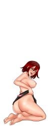 ass barefoot blush breasts cg elva_(hentai_heroes) feet female from_behind full_body hair_between_eyes hentai_heroes kinkoid large_breasts long_hair looking_at_viewer looking_back nipples nude official_art open_mouth parody red_hair resha_valentine sitting smile soles solo thighs toes transparent_background wariza yellow_eyes