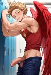 abs ai_generated balls biceps big_penis blonde_hair blue_jeans blush erection foreskin gay hawks_(my_hero_academia) keigo_takami leaning_forward locker_room looking_at_viewer male male_only muscular muscular_male my_hero_academia nude_male open_mouth pants_down penis pubic_hair smile takami_keigo toned_body toned_male twall97 uncircumcised uncut wings yellow_eyes
