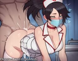 1female 1girls 2d 2d_(artwork) ai_generated akali ass ass_focus big_ass big_breasts big_butt cum cum_inside cumming cumming_together cumming_while_penetrating enjoying eyes_rolling_back green_eyes large_breasts league_of_legends mask masked masked_female miniskirt mouth_mask nurse nurse_cap nurse_clothing nurse_uniform patreon patreon_username riot_games ryogangg upskirt