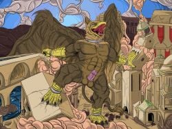 4:3 4_toes 5_fingers abs anthro avian balls beak biceps brown_body brown_eyes building building_destruction carpo city city_crushing city_destruction cityscape claws destruction erection extreme_size_difference feathered_wings feathers feet finger_claws fingers genitals gryphon hi_res house humanoid_genitalia humanoid_penis landscape_dwarfing macro macro_anthro macro_male male muscular muscular_anthro muscular_male mythological_avian mythological_creature mythology nude ohohflamethrower open_mouth outside pawpads paws pecs penis pyronite(commissioner) rampage roman size_difference sky smile solo stomping tail toe_claws toes tongue tongue_out wings
