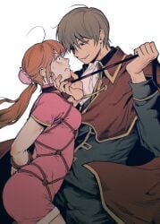 1boy 1girls arms_behind_back blush bondage bun_cover cape china_dress chinese_clothes female fully_clothed g0nyag gintama kagura_(gintama) leash leash_pull long_hair male official_alternate_costume okita_sougo orange_hair police_officer police_uniform rope rope_harness shinsengumi_(gintama) side_view smile twintails