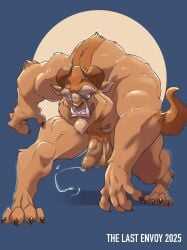 2025 angry anthro anthro_focus anthro_only arm_tuft aroused back_hair balls barazoku beast_(disney) beauty_and_the_beast belly belly_hair biceps blue_eyes bodily_fluids body_hair brown_hair deltoids disney elbow_tuft erection fangs feet foreskin genital_fluids genitals hair happy_trail hi_res horn humanoid_genitalia humanoid_penis long_foreskin male monster musclegut muscular muscular_legs nude pecs penis precum precum_string pubes simple_background slightly_chubby snarling solo teeth the_last_envoy triceps tuft unretracted_foreskin vein veiny_penis