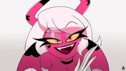 2d black_lips choker close-up demon demon_girl demon_horns eyelashes eyeshadow fangs hand heart-shaped_mole helluva_boss horns light_pink_hair long_hair looking_at_viewer mole_under_eye noncomposmentis pink_body pink_eyeshadow pink_pupils pov screencap_redraw seductive seductive_eyes seductive_look seductive_smile smiling_at_viewer verosika_mayday_(helluva_boss) white_background wings yellow_eyes