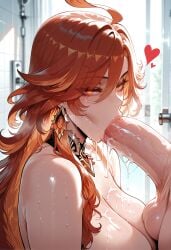 1boy 1girls aether_(genshin_impact) ahoge ai_generated areolae bangs bare_shoulders blush breast_press breasts cleavage clothing completely_nude cum cum_in_mouth curvaceous curvaceous_female curvaceous_figure curvy curvy_figure earrings ejaculation erection facial fellatio female female female_focus genshin_impact hair_between_eyes heart hoyoverse huge_breasts indoors jewelry large_breasts large_penis lips long_hair looking_at_viewer male mavuika_(genshin_impact) miyuai mole nipples nude oral orange_eyes orange_hair penis red_eyes red_hair saliva semen semen_on_body semen_on_breasts semen_on_chest semen_on_upper_body solo_focus straight sweat testicles tongue tongue_out upper_body veins veiny_penis voluptuous voluptuous_female window