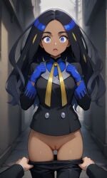 1boy 1girls alley alleyway black_jacket black_pants blue_eyes blue_gloves blue_shirt buttons cowboy_shot dark-skinned_female dark_skin exposed_pussy eyelashes faceless_male geeta_(pokemon) gloves hands_up harassment long_hair long_sleeves male_pov multicolored_hair neck_ribbon no_panties open_mouth pants_pull parted_bangs pokemon pokemon_sv pulling_another's_pants pussy ribbon sexual_harassment shirt shocked solo streaked_hair undressing_another unwilling upper_body wide-eyed yellow_ribbon