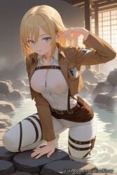 1girls 2025 ai_generated attack_on_titan bangs belt blonde_hair blue_eyes blush breasts brown_jacket cleavage closed_mouth clothing collared_shirt covered_nipples erect_nipples eroflow hair_between_eyes hard_nipples hi_res highres historia_reiss jacket large_breasts long_sleeves looking_at_viewer makeup nipples onsen open_clothes open_jacket pants patreon see-through shingeki_no_kyojin shirt short_hair solo voluptuous voluptuous_female water wet wet_clothes white_pants white_shirt